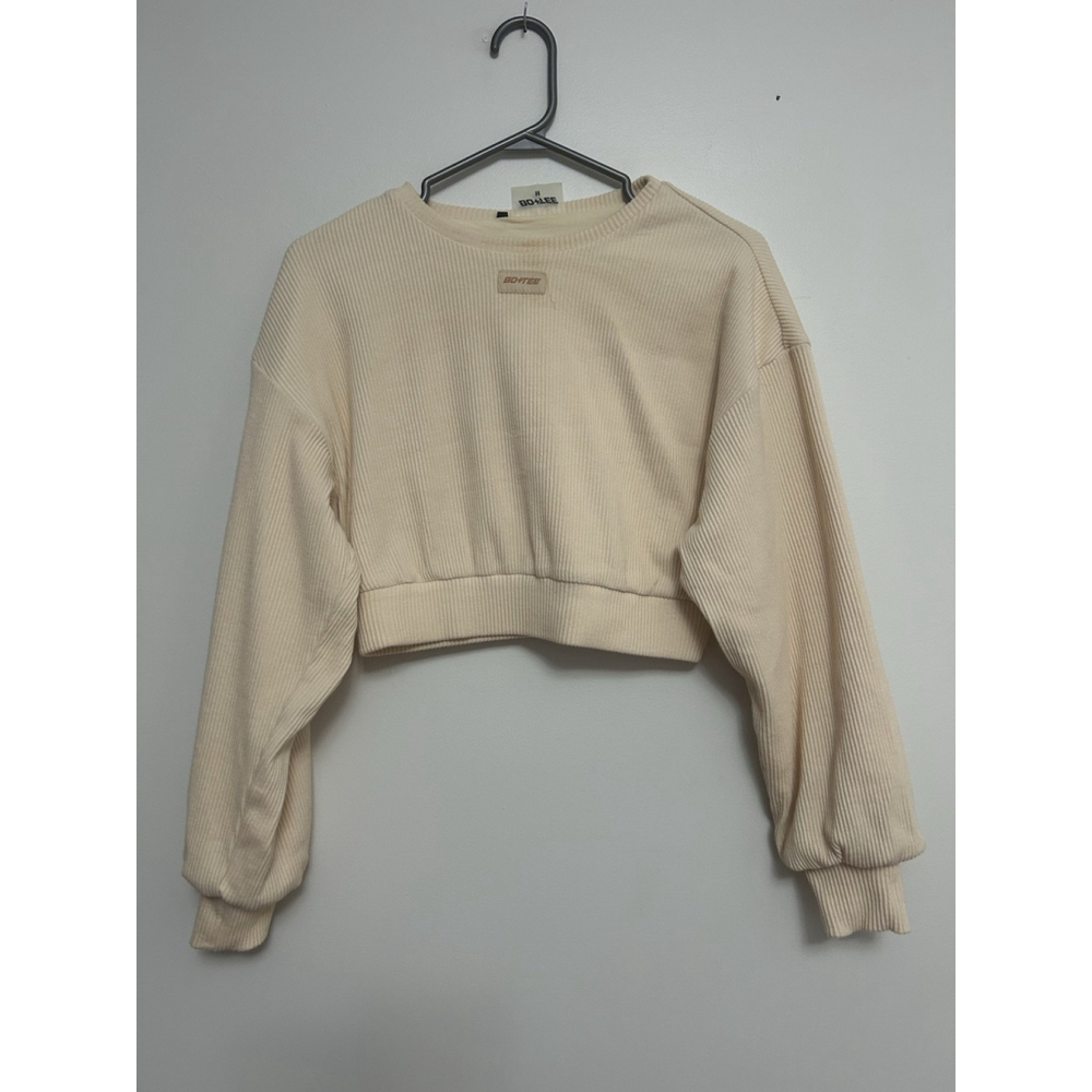 Bo+Tee Medium Cream Cropped Ribbed Lined Athcore Athleisure Sweatshirt Playful